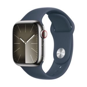 Apple Watch Series 9 GPS + Cellular 45mm Silver Stainless Steel Case with Storm Blue Sport Band - S/M