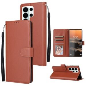 Samsung Galaxy S26 Ultra 5G 3-Card Slots Leather Phone Case Brown